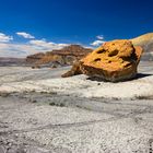 Rote Felsbrocken auf grauem Matschsand