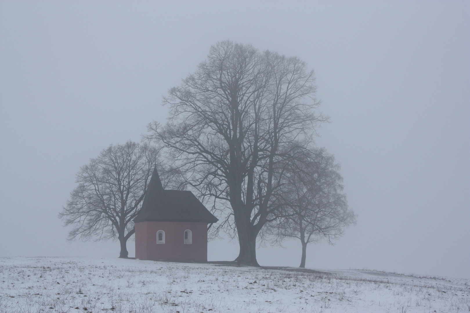 Rote Kapelle im Nebel