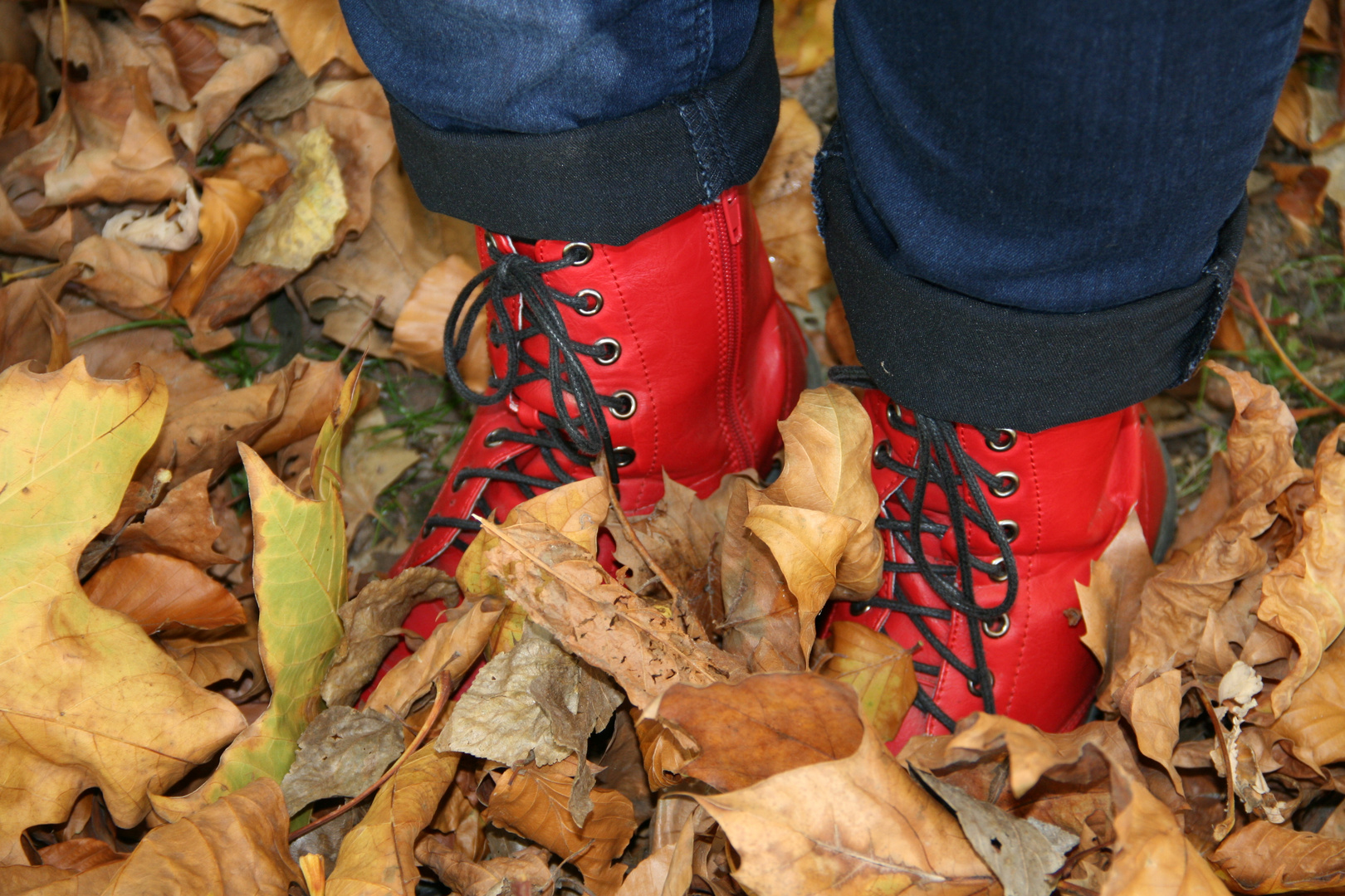 Rote Stiefel treffen Laub