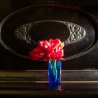 rote Tulpen im blauen Glas auf altem Klavier