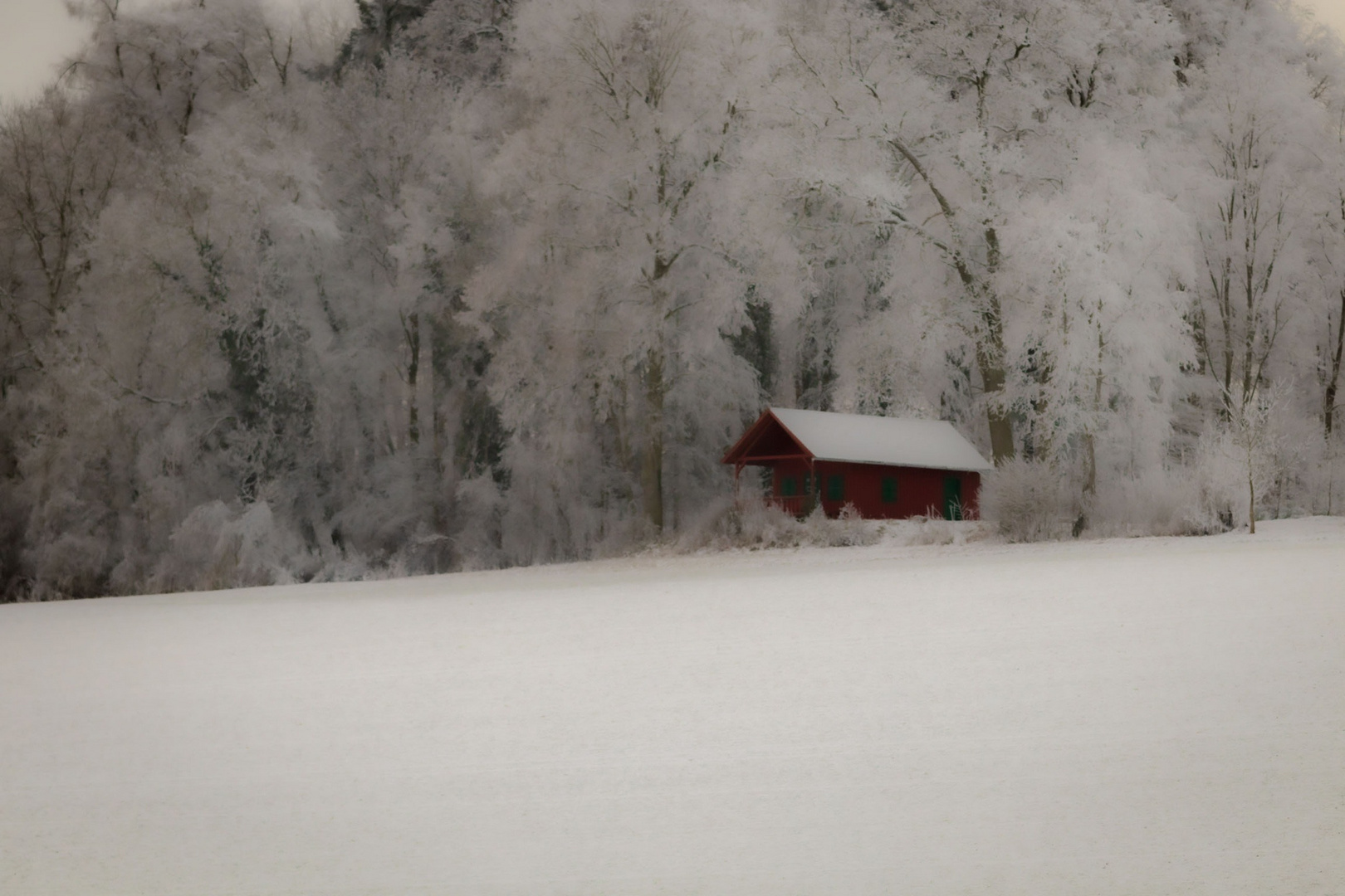 Rotes Haus im winterlichen Wald 