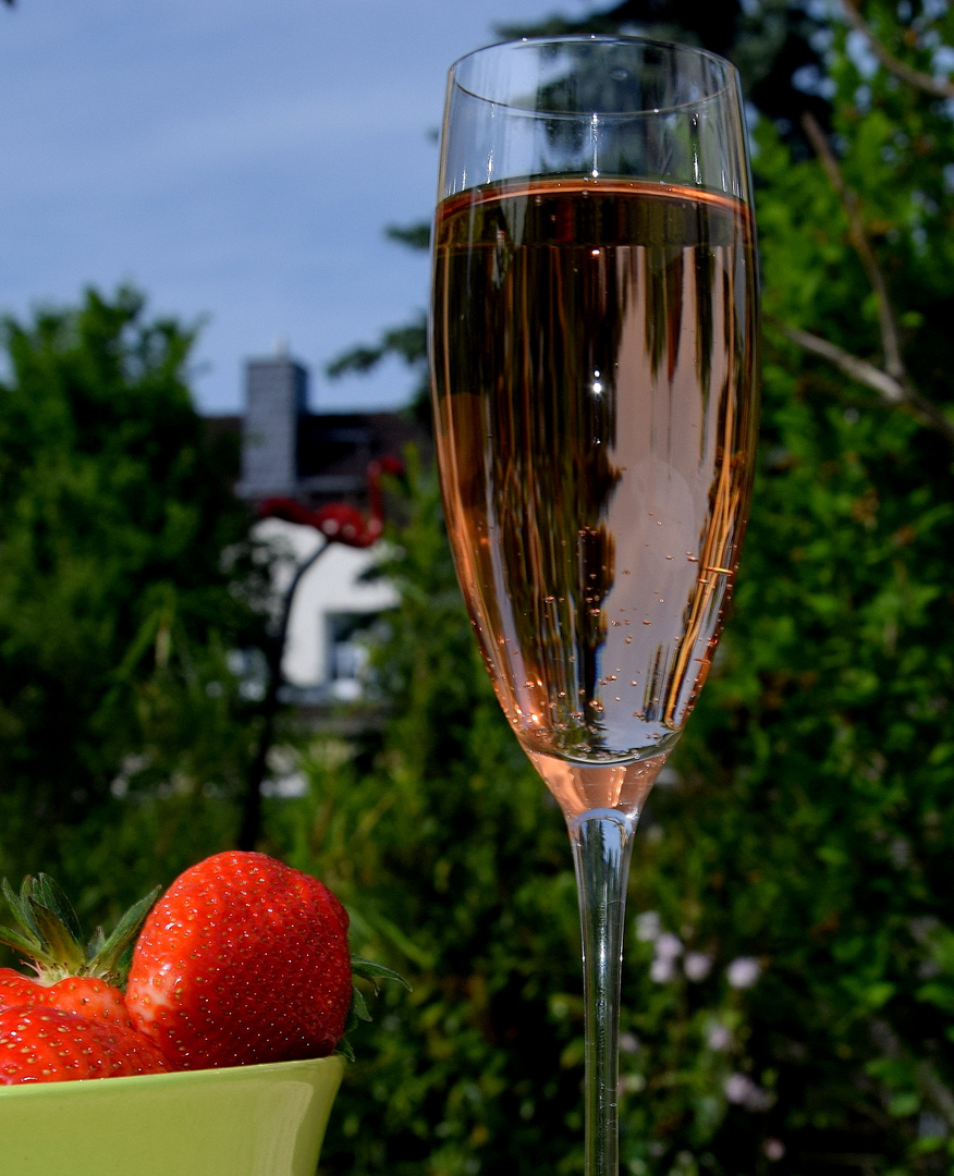 Rotkäppchen und Erdbeeren im Garten