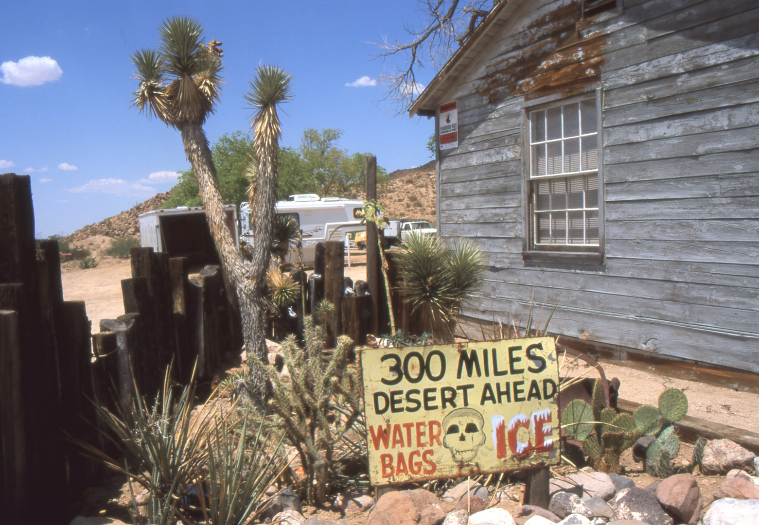 Route 66:  "300 Miles Desert Ahead" sign in Hackberry - Arizona