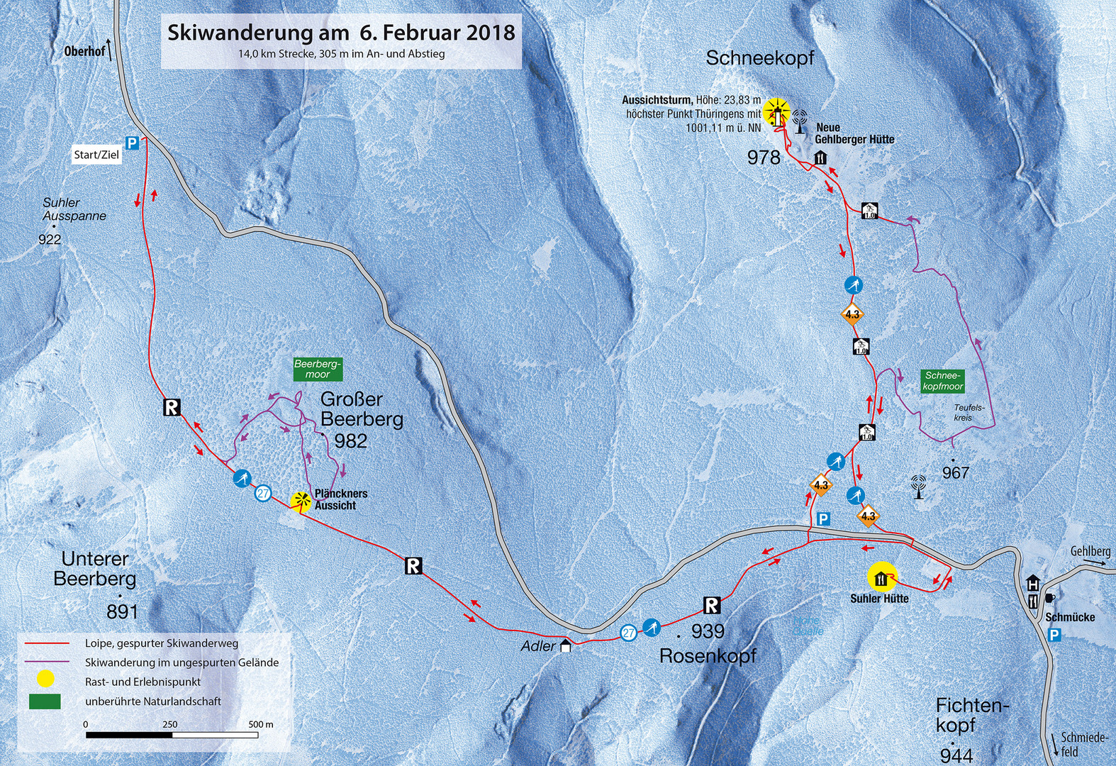 Routenkarte: Skiwanderung Beerberg-Schneekopf 6.2.2018