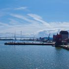 Rücken Brücke mit Stralsund Panorama