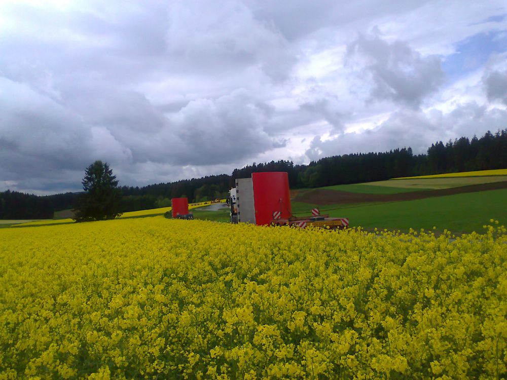 Rückwärtsfahrt beim Transport vom Zwischenlager zur Montagestelle