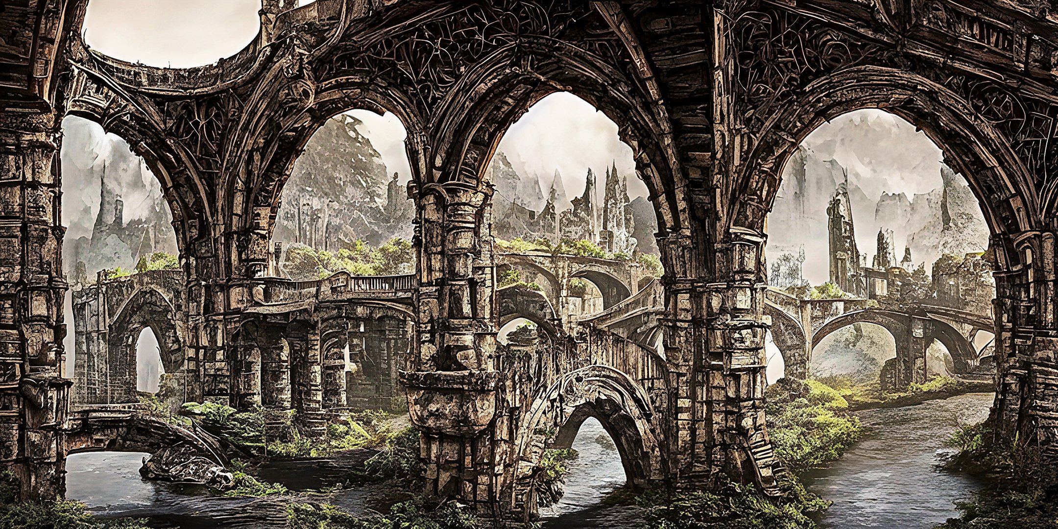 Ruinen-Stadt am Brückenfluss