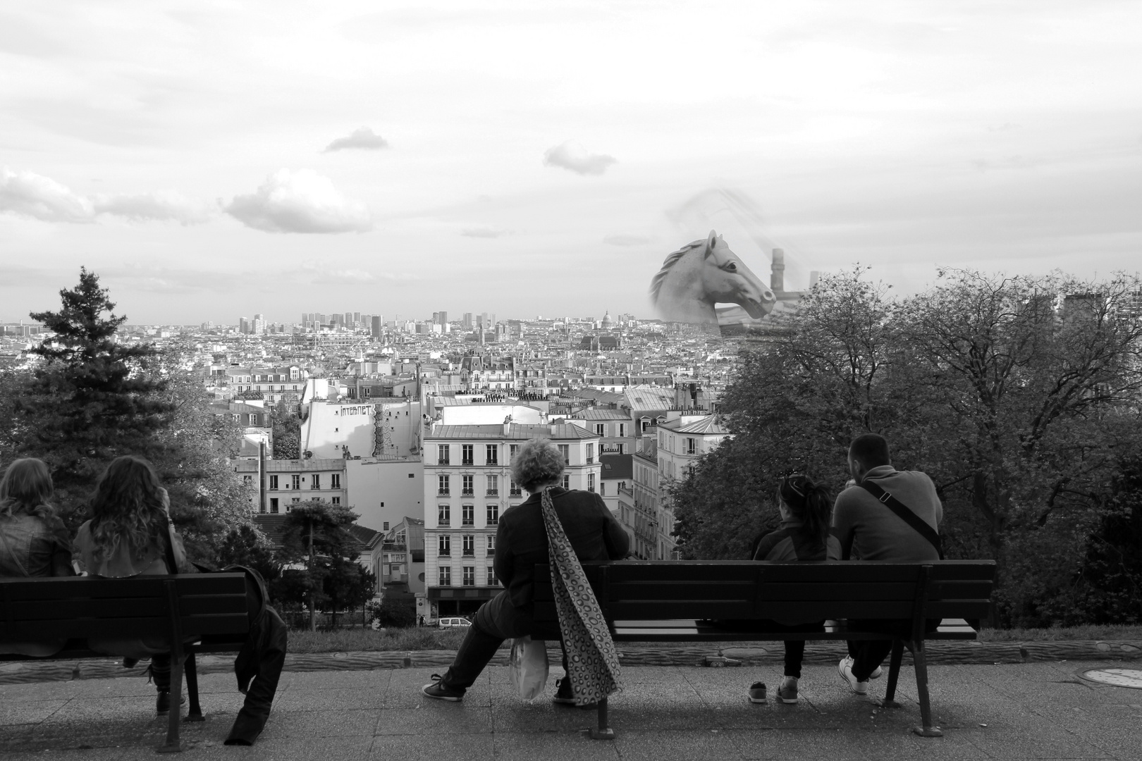 Sacre'-Coeur -Blick mit seltsamen Pferdekopf