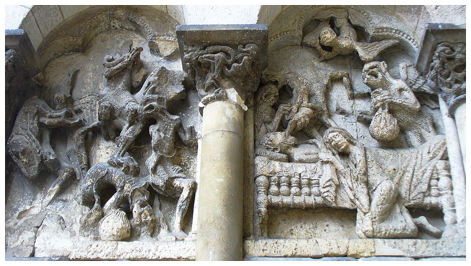 Saint-Pierre de Moissac -Portal -Die Hölle / Der Tod des Geizigen