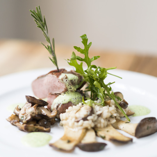 saltimbocca alla romana with mushroom risotto and arugula - cooked by alex fasanya