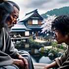 Samurai und Deshi: Ein Moment der Reflexion (Hansei no Shunkan) (Ki-Bild erzeugt mit DALL·E 3)