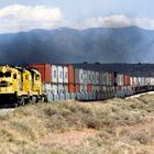 Santa Fe #6376 ATSF is leading a Double Stack Container and All purpose Cars withTrailer, Delies,NM