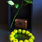 Schatztruhe mit gelber Rose und einem Ring aus grünen Äpfeln