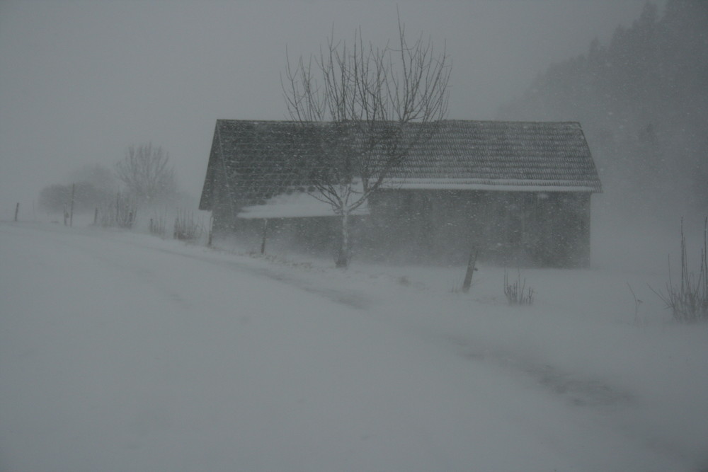 Scheune im Schneesturm