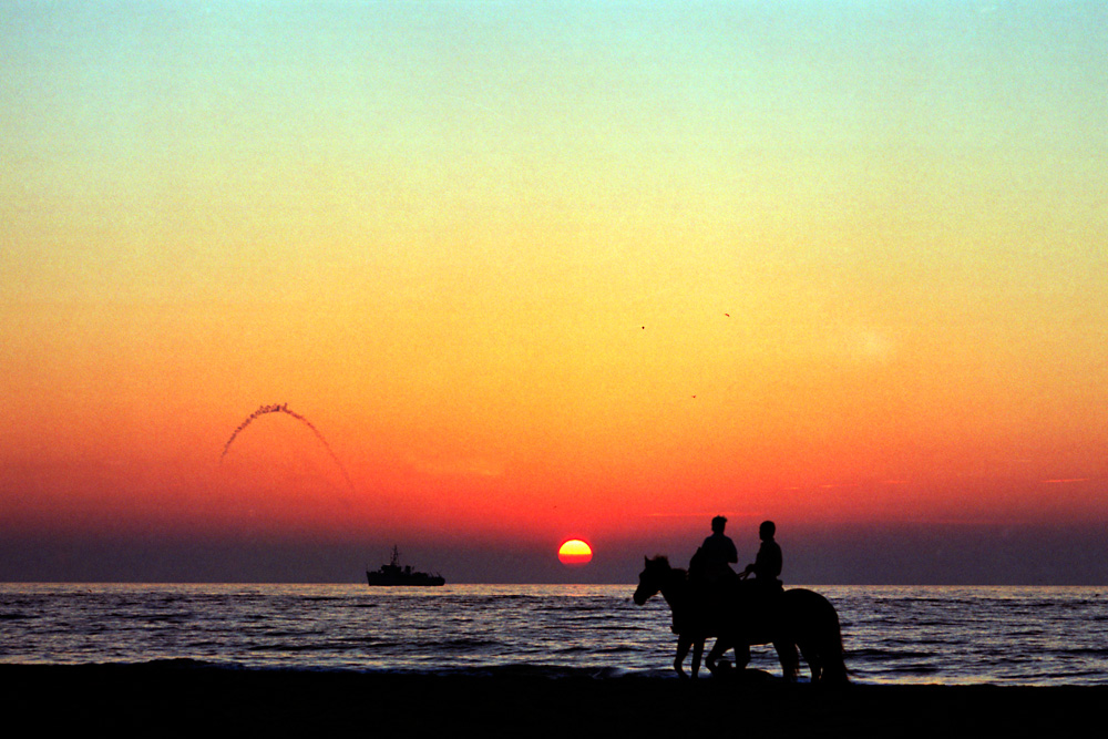 Scheweningen - Ausritt am Strand vor der Kulisse von Schießübungen der Marine bei Sonnenuntergang