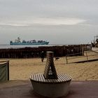 schiff ahoy--elbeeinfahrt containerschiff vor sandstrand