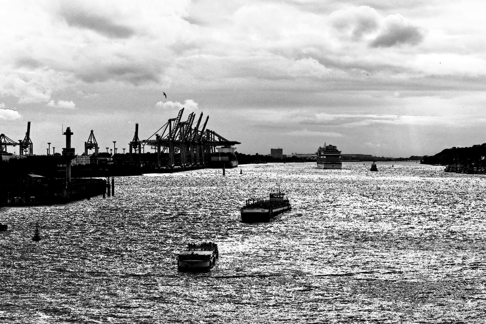 Schiffe auf der Elbfahrt vom Hamburger Hafen zum Meer