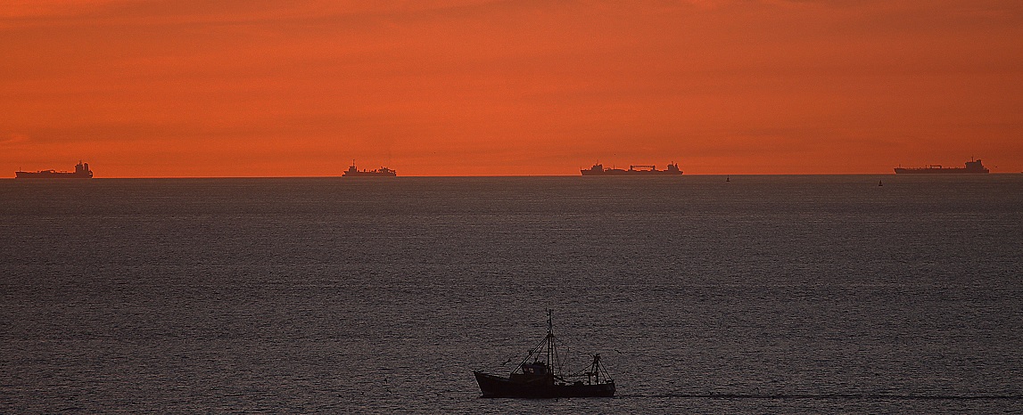 Schiffe im Sonnenuntergang auf der Nordsee an der Begischen Küste