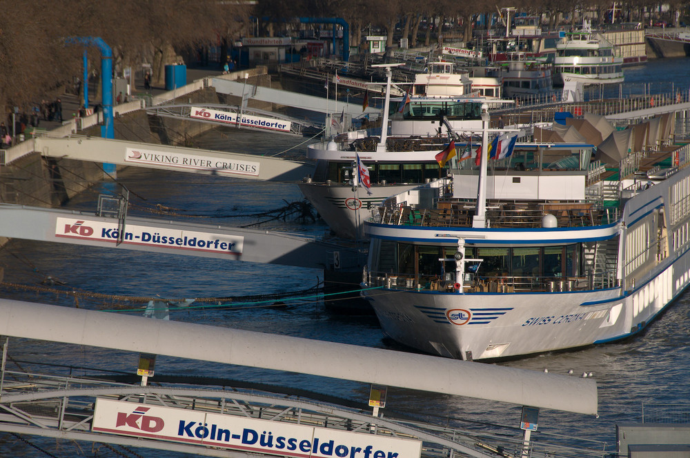 Schiffsgedränge am Kölner Rheinufer