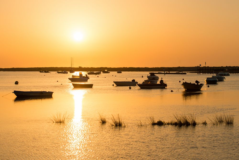 Schlafende Boote im goldenen Sonnenaufgang von Michael Mittau 