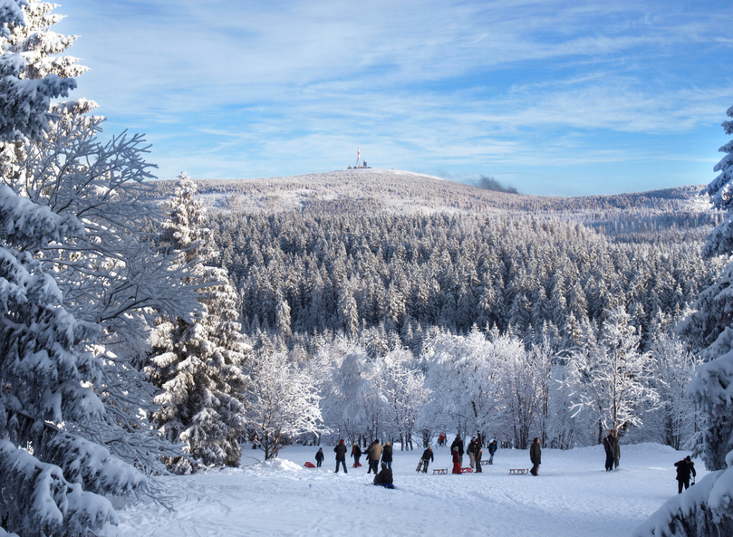 Schlittenfahren mit Blick auf den Brocken