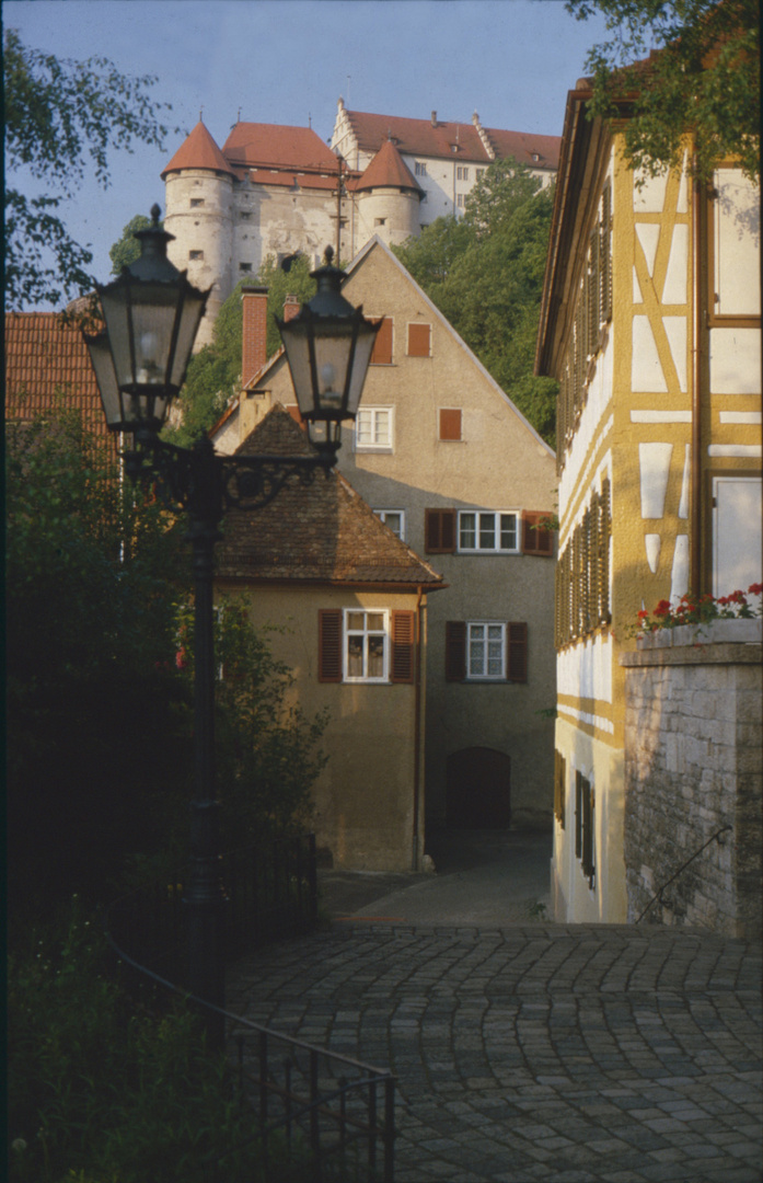 Schloss Hellenstein mit altem Oberamt und Helferratsgebäude im Sommer