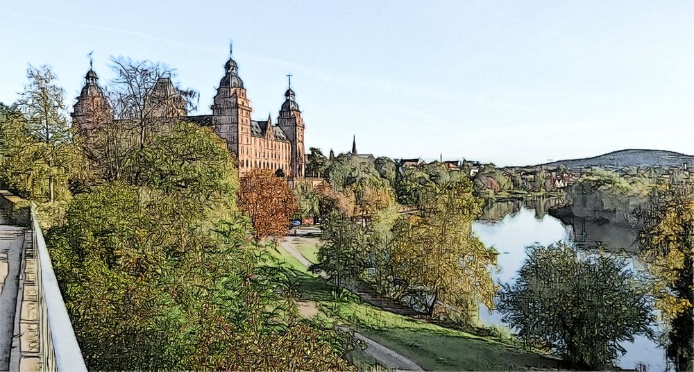 Schloss und Main Aschaffenburg als Zeichnung