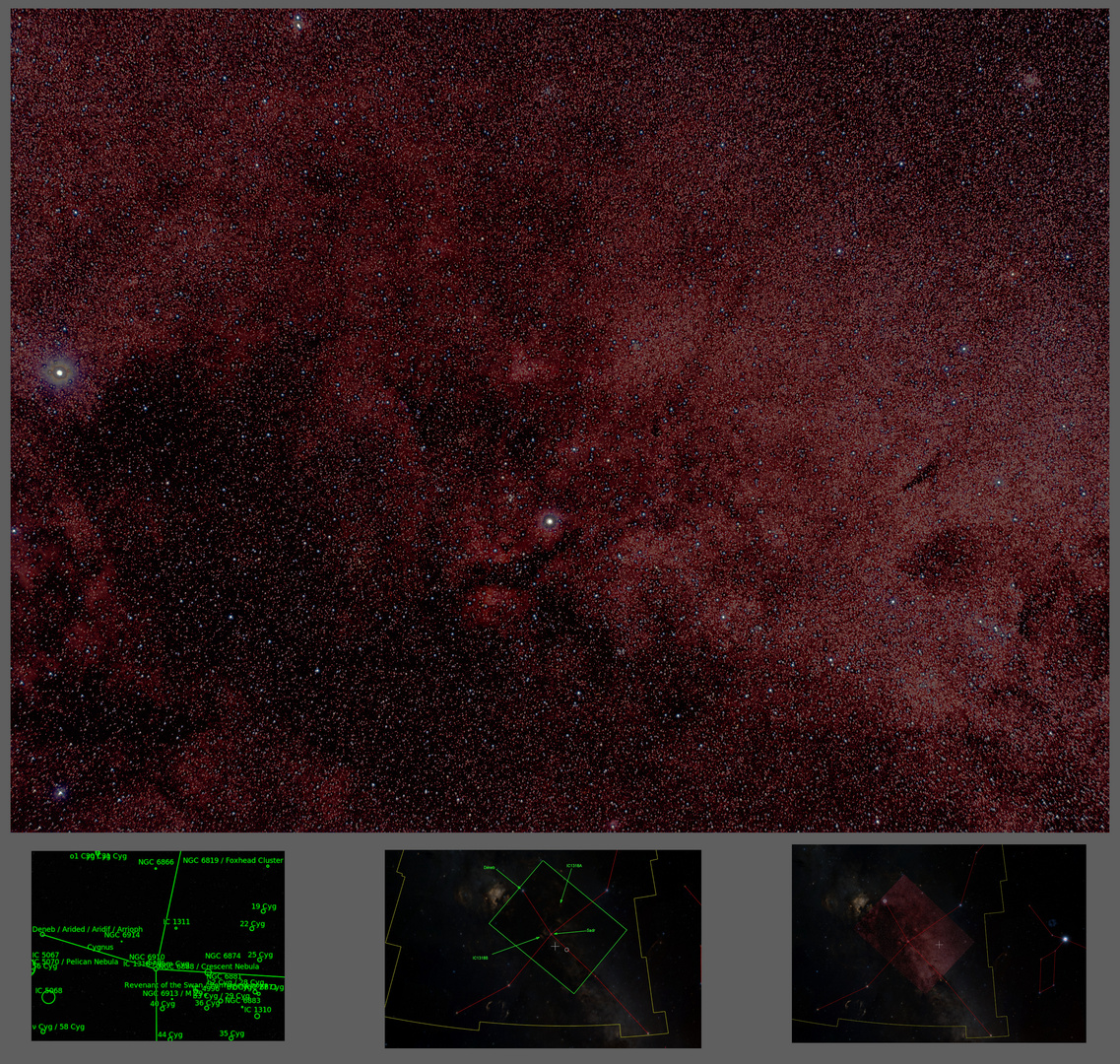 Schmetterlingsnebel Schwan mit Deneb (links) und Sadr (mittig)