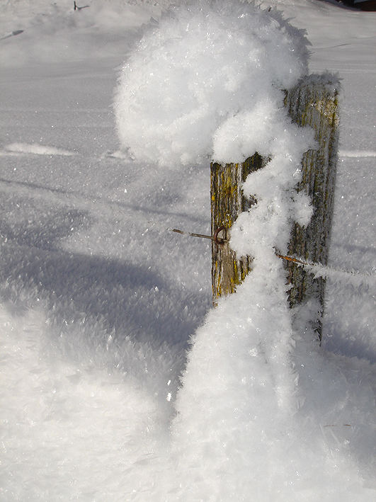 Schnee auf Zaunpfahl