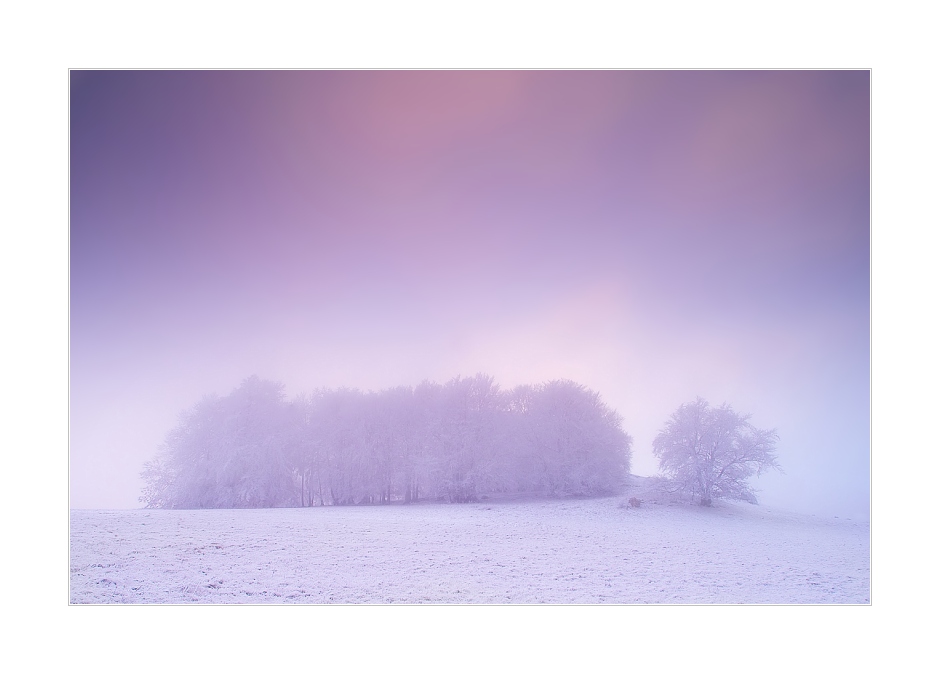 Schnee, Nebel und Sonnenuntergang