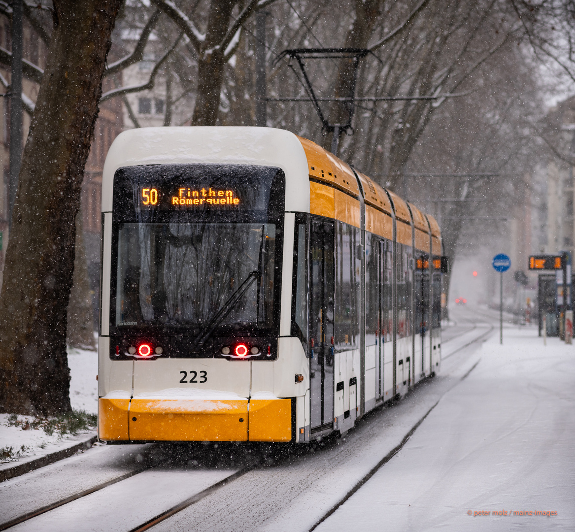 Schneefall in Mainz - Strassenbahn in der Neustadt (4)