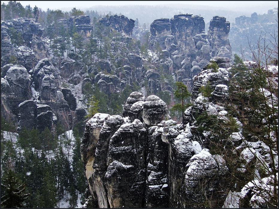 Schneeflocken im Elbsandsteingebirge