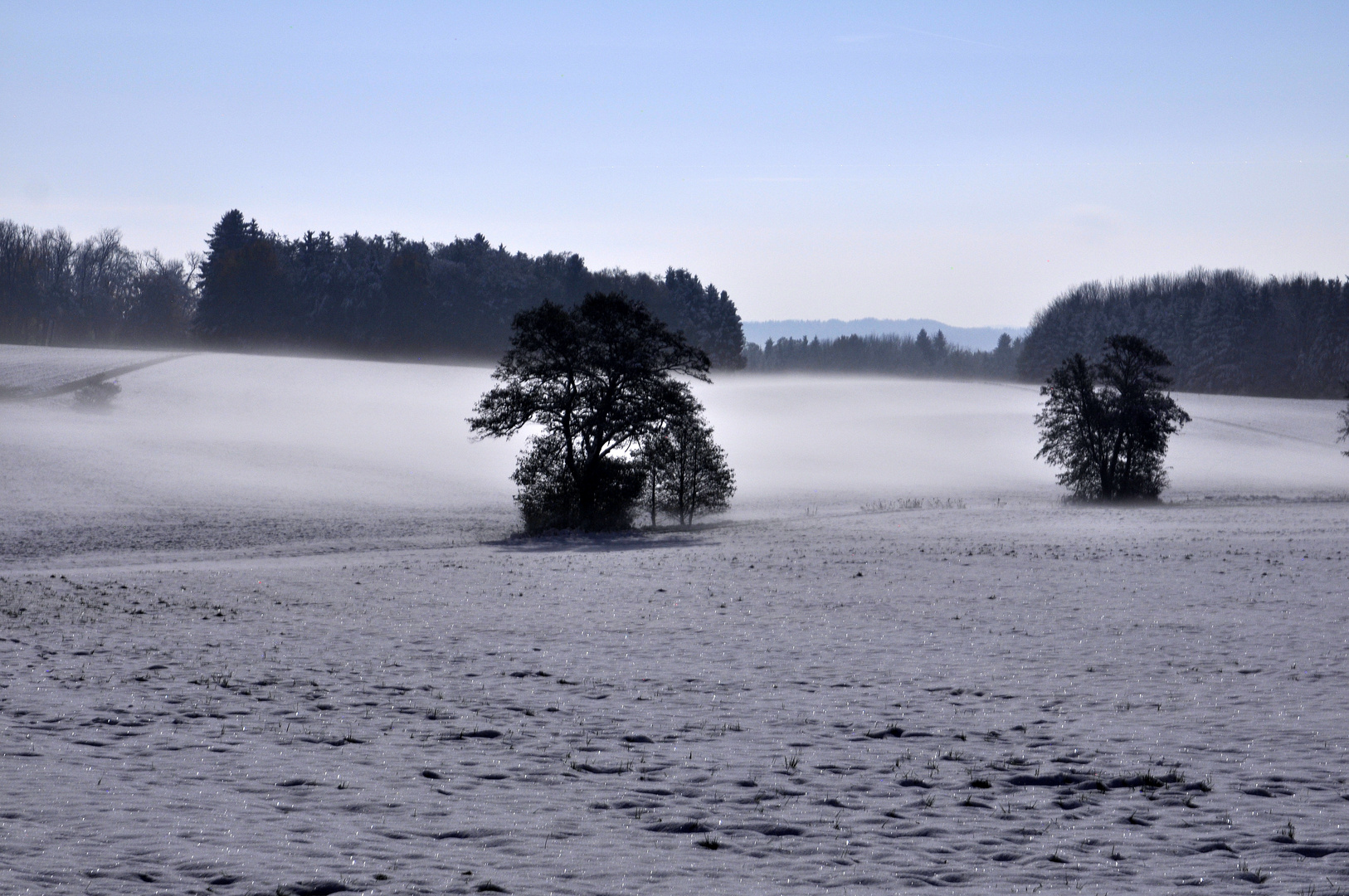 Schneelandschaft bei Nacht und Nebel