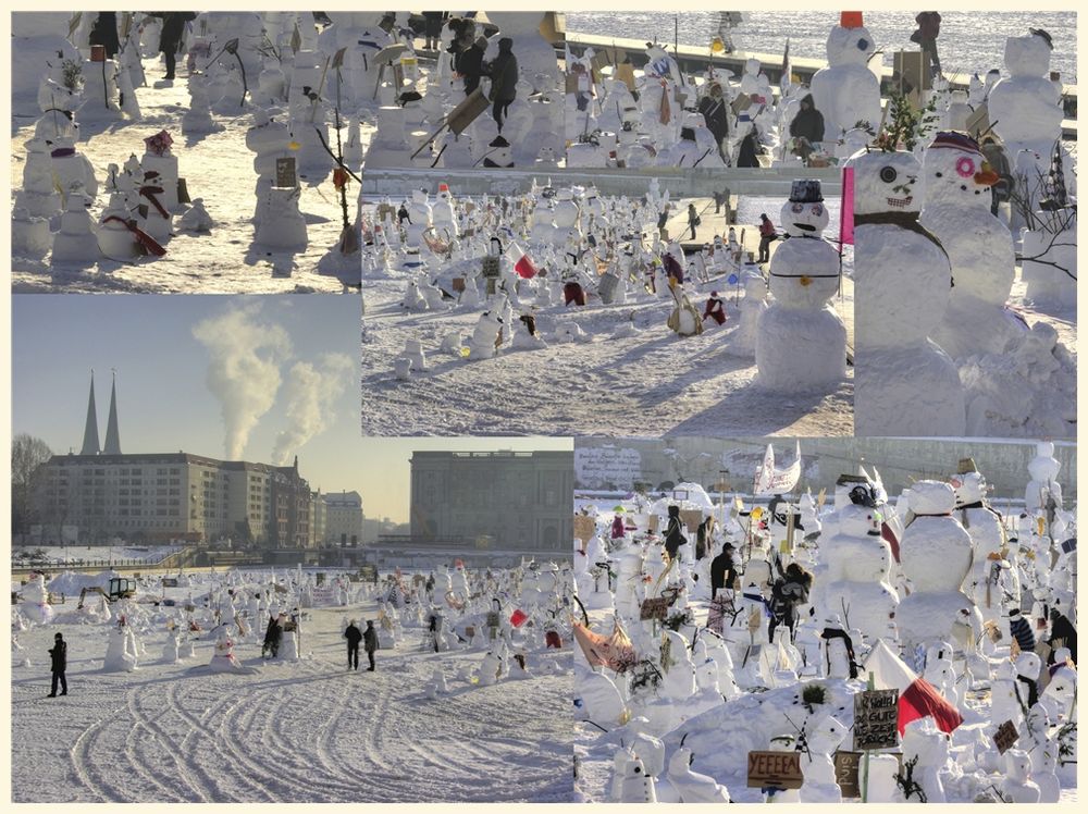 schneemänner gegen die klimaerwärmung auf dem schloßplatz in berlin