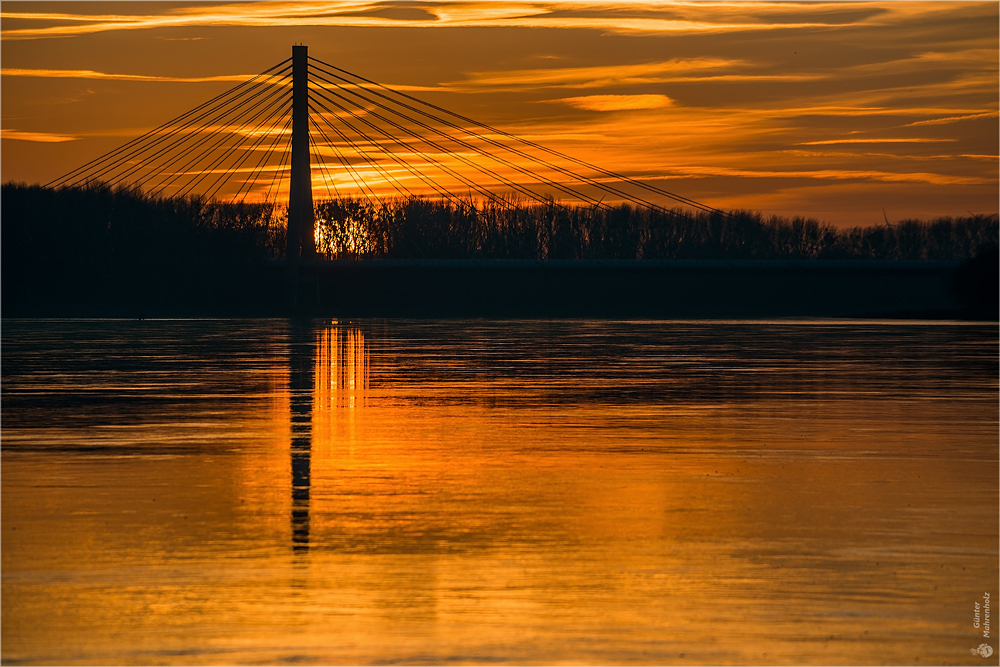 Schönebeck, Sonnenuntergang hinter der Elbauenbrücke
