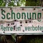 Schonung, betreten verboten, Schild mit Einschüssen, willkommen im Dschungel !