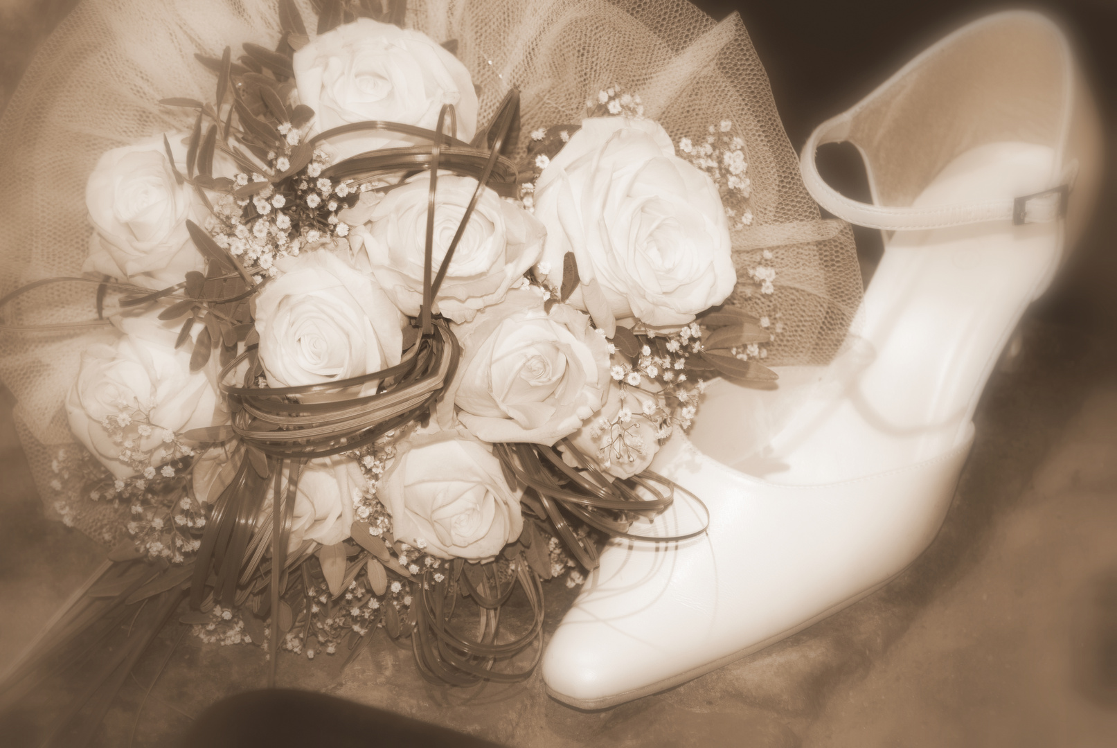Schuh und Blumen der Braut - Hochzeit vom besten Freund.