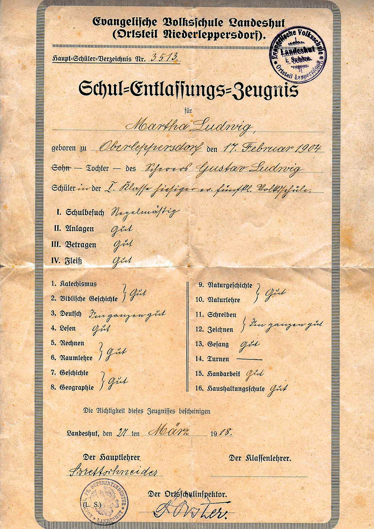 Schulzeugnis 1918 