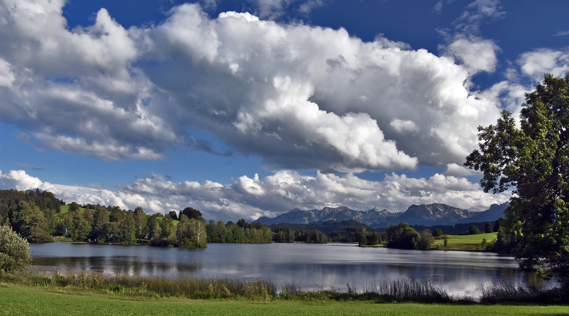 Schwalten Weiher und die Allgäuer Alpen.