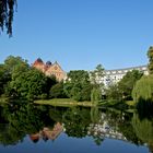 Schwanenweiher in Landau mit Festhalle am Morgen!