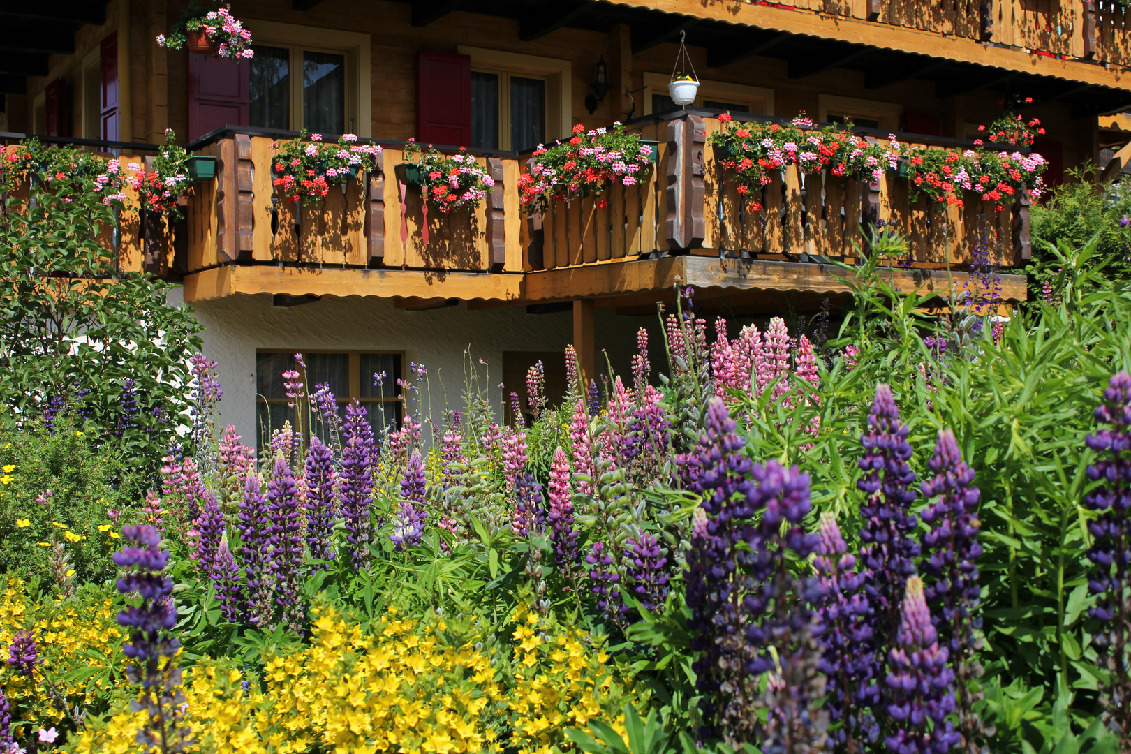 Schweiz, Wallis, Walliser Chalet mit Sommergarten