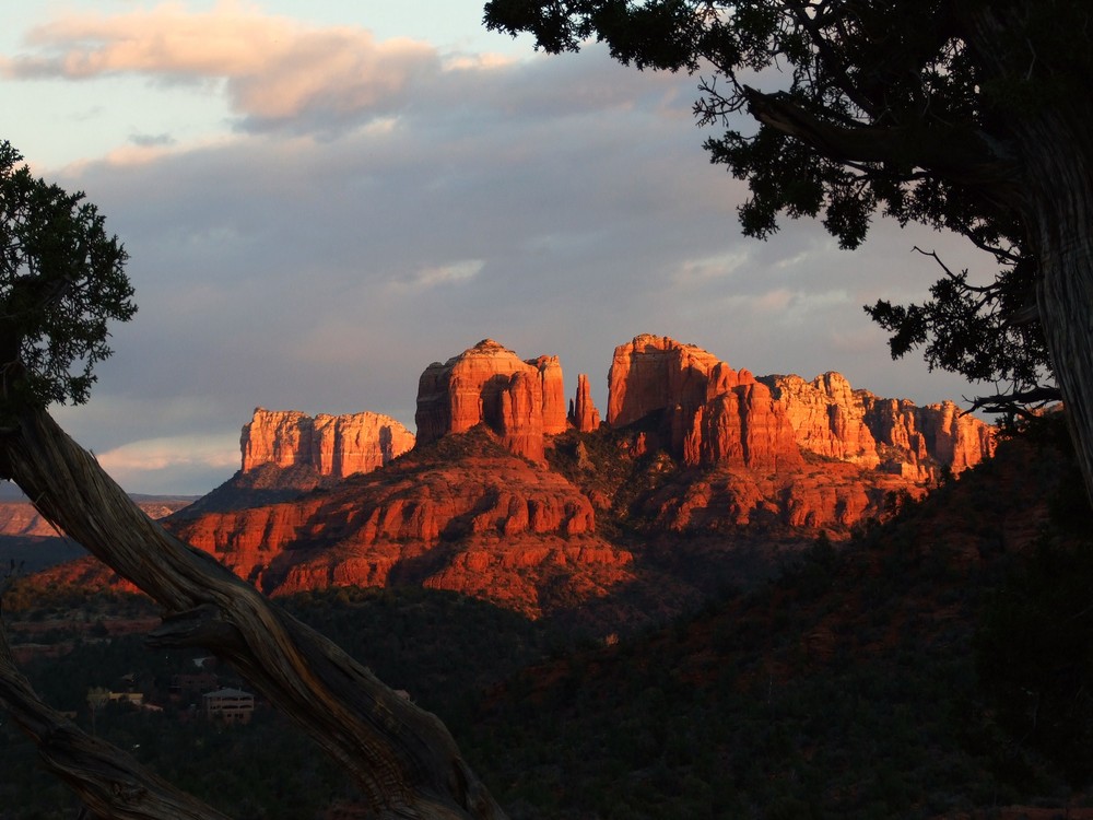 Sedona, View from Upper Red Rock Loop Rd. towards Cathedral Rock at sunset