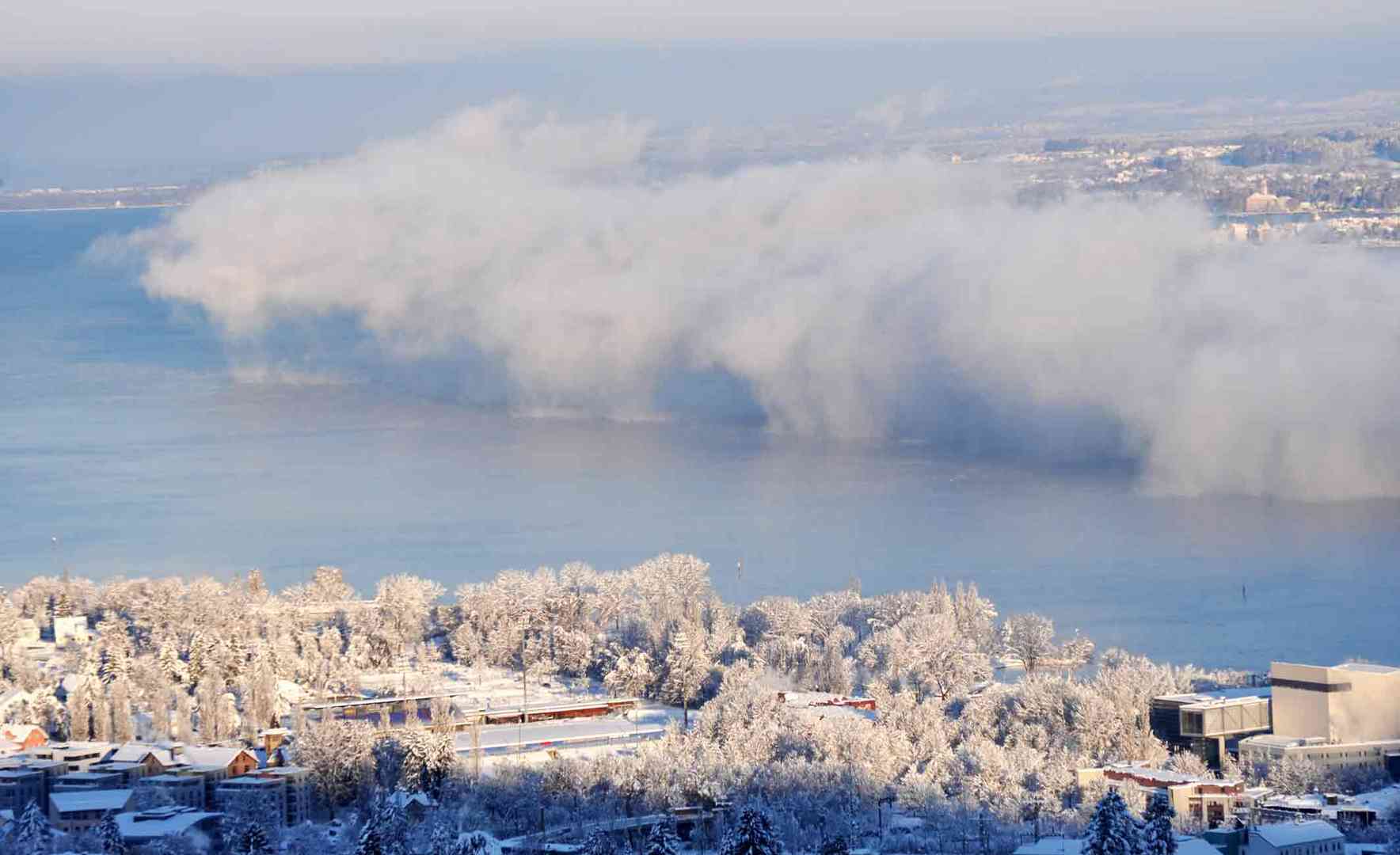 See im Winter und mit einer Nebelbank