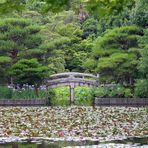 See mit Brücke in der Parkanlage Kinkaku-ji bei Kyoto