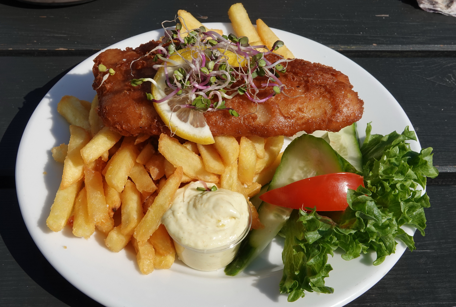 Seelachs, Pommes und Salat