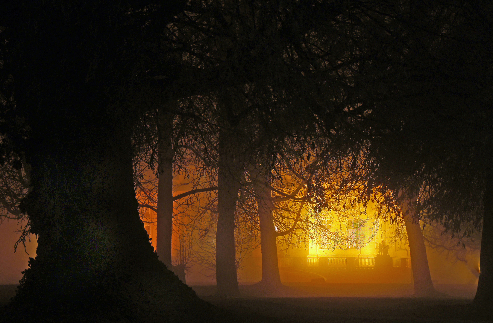 Seeschlösschen Monrepos bei Nacht und Nebel