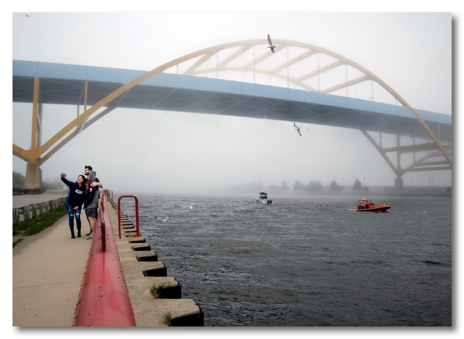 Selfie with bridge in fog