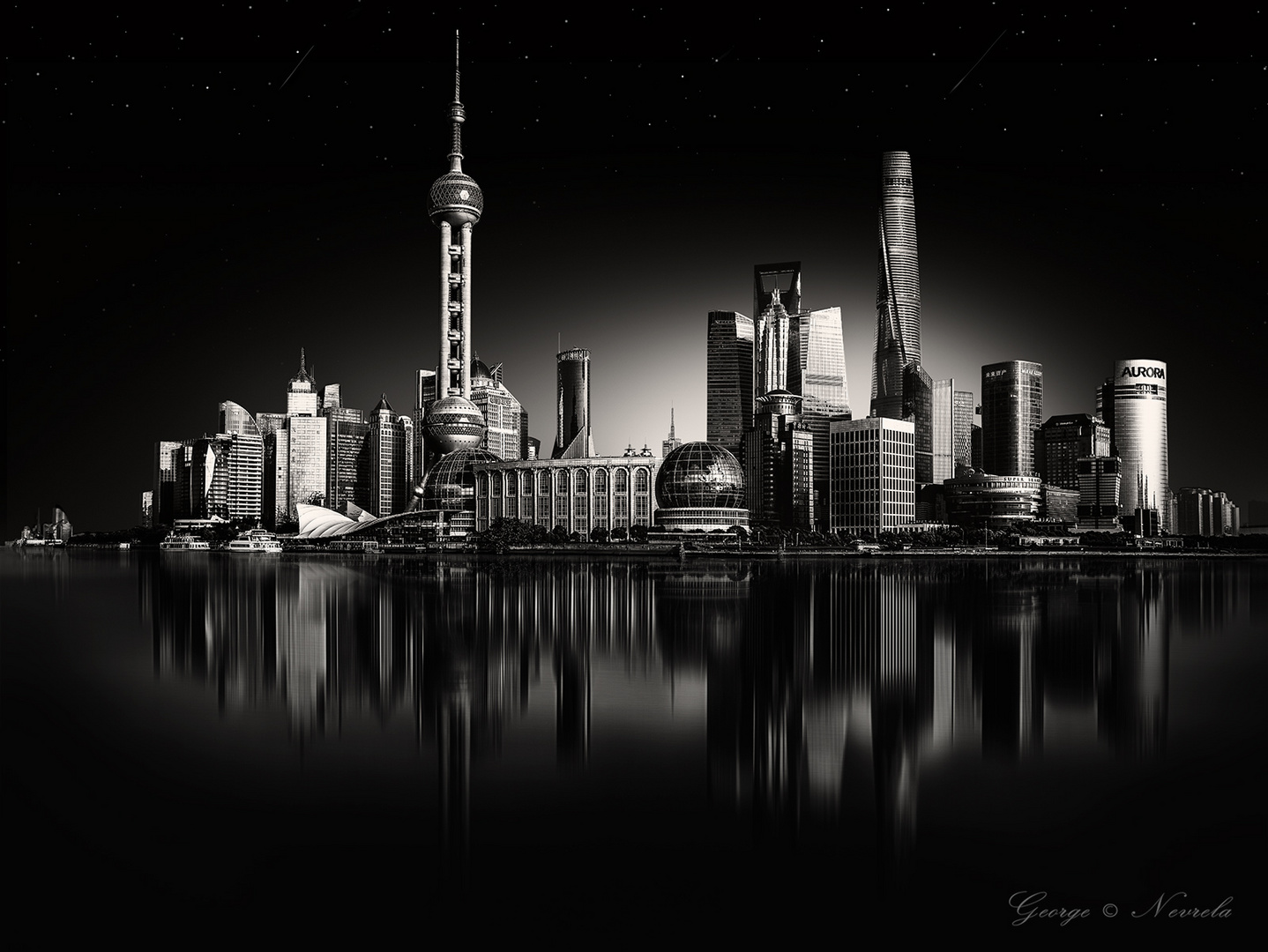 Shanghai_Skyline_Wasserspiegelung_sw_