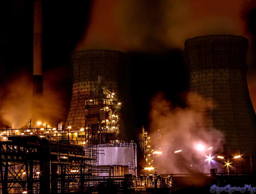 Shell refinery at night