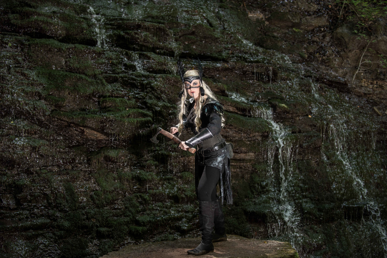 Shieldmaiden in waterfall